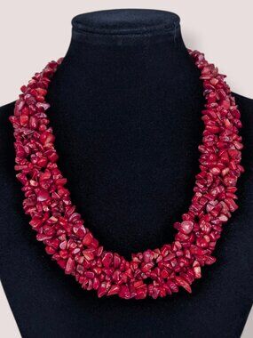 Dyed Red Coral Chip Woven Necklace